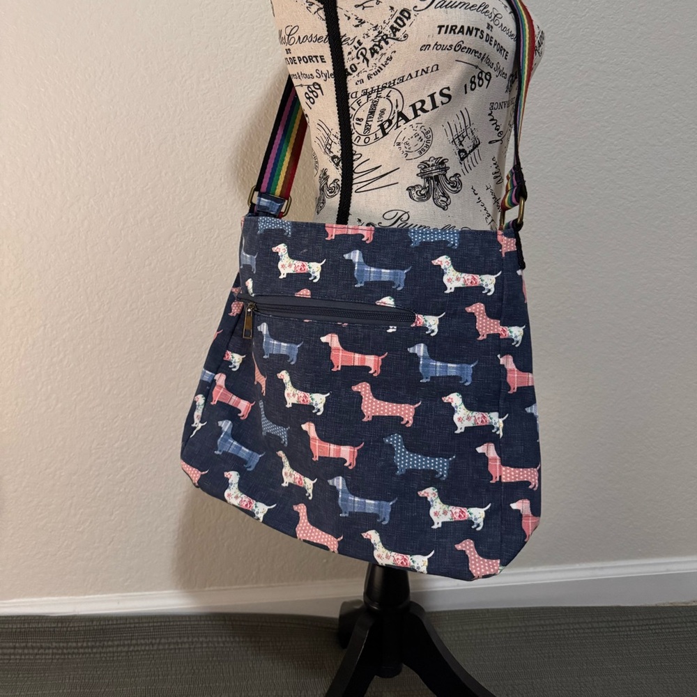 NEW Stylish Dachshund Weenie Sausage Dog Print Crossbody Bag. Rainbow strap.